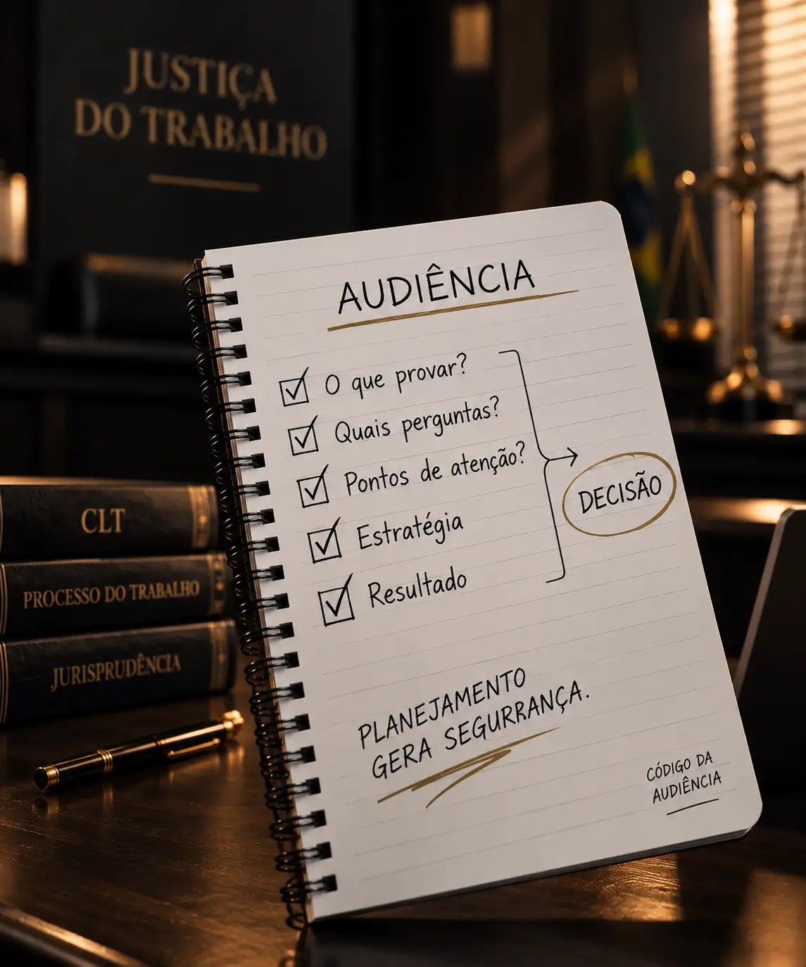 Caderno com o checklist da audiência: o que provar, quais perguntas, pontos de atenção, estratégia e resultado